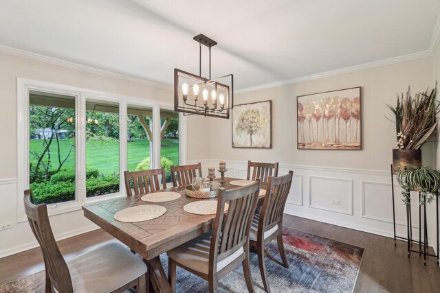 7316 Gleneagle Cir, Lakewood, IL 60014 - dining room with dark wood-type flooring, a chandelier, crown molding, and a wainscoted wall