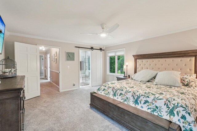7316 Gleneagle Cir, Lakewood, IL 60014 - bedroom with ornamental molding, light carpet, baseboards, ceiling fan, and ensuite bathroom