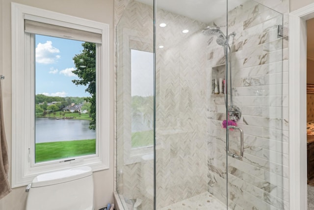 7316 Gleneagle Cir, Lakewood, IL 60014 - full bathroom featuring a stall shower, toilet, and a water view