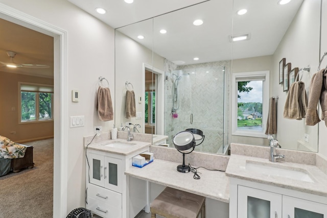 7316 Gleneagle Cir, Lakewood, IL 60014 - ensuite bathroom featuring a stall shower, vanity, healthy amount of natural light, and recessed lighting