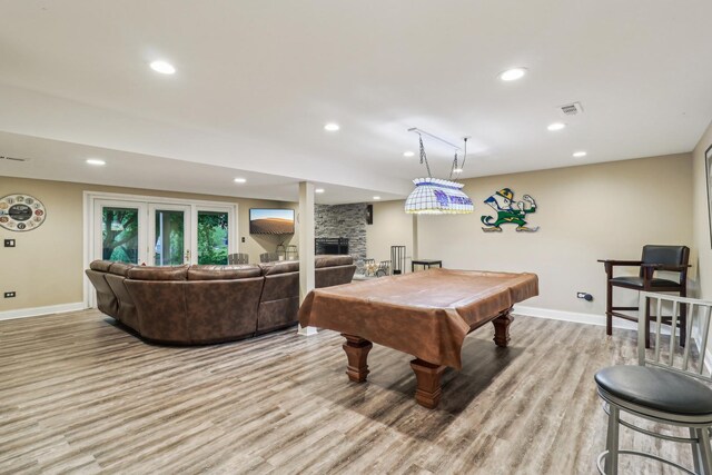 7316 Gleneagle Cir, Lakewood, IL 60014 - rec room featuring baseboards, wood finished floors, a fireplace, recessed lighting, and billiards table