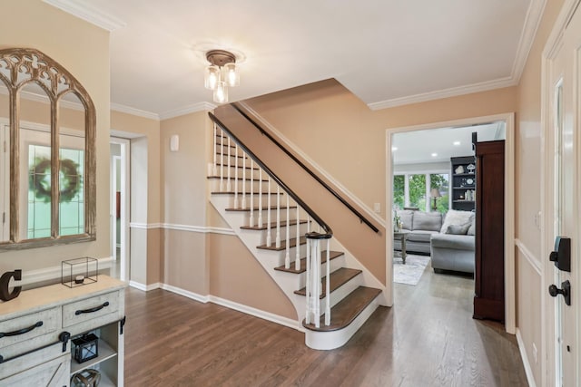 7316 Gleneagle Cir, Lakewood, IL 60014 - entryway featuring dark wood-type flooring, stairway, ornamental molding, and baseboards