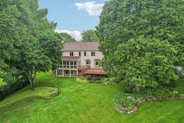 7316 Gleneagle Cir, Lakewood, IL 60014 - back of house with a deck, stairway, a yard, and a sunroom