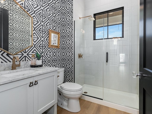 527 N Ellsworth St, Naperville, IL 60563 - full bathroom featuring toilet, a stall shower, vanity, and wood finished floors