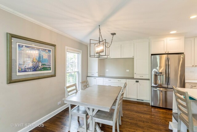 1628 W Brown St, Arlington Heights, IL 60004 - dining area with a chandelier, dark wood-type flooring, crown molding, recessed lighting, and baseboards