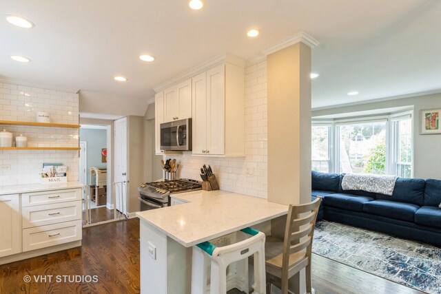 1628 W Brown St, Arlington Heights, IL 60004 - kitchen with appliances with stainless steel finishes, dark wood-style floors, recessed lighting, decorative backsplash, and white cabinets