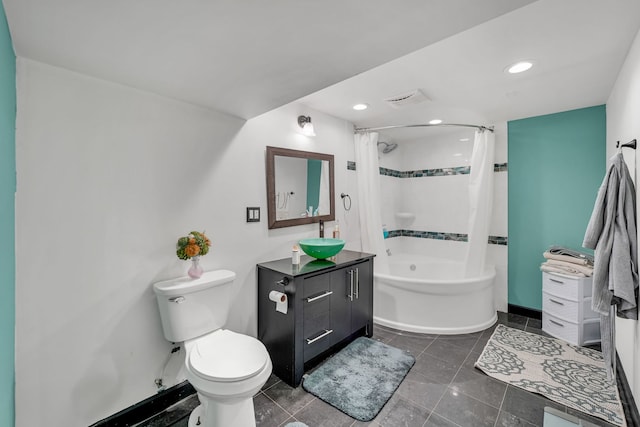 127 Saint Joseph Ave, Joliet, IL 60436 - bathroom featuring vanity, shower / tub combo, toilet, recessed lighting, and baseboards