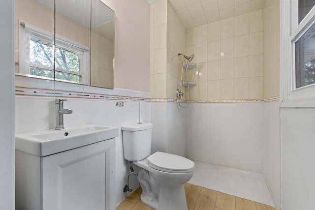 132 Pratt Blvd, Roselle, IL 60172 - bathroom with a tile shower, toilet, vanity, and wood finished floors