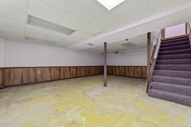 132 Pratt Blvd, Roselle, IL 60172 - finished basement featuring a drop ceiling, stairs, and a wainscoted wall