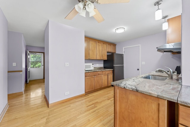 132 Pratt Blvd, Roselle, IL 60172 - kitchen with white microwave, a sink, freestanding refrigerator, ceiling fan, and light wood finished floors