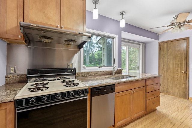 132 Pratt Blvd, Roselle, IL 60172 - kitchen with range with gas stovetop, dishwasher, exhaust hood, a sink, and light wood-style flooring
