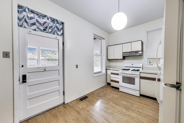 5357 N Wayne Ave, Chicago, IL 60640 - kitchen with white appliances, under cabinet range hood, light countertops, white cabinets, and light wood-style flooring