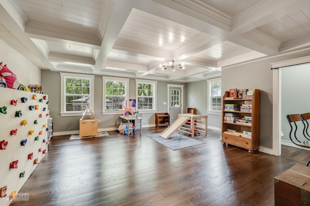 13 N Cannonball Trl, Bristol, IL 60512 - rec room featuring coffered ceiling, a chandelier, beamed ceiling, baseboards, and dark wood finished floors
