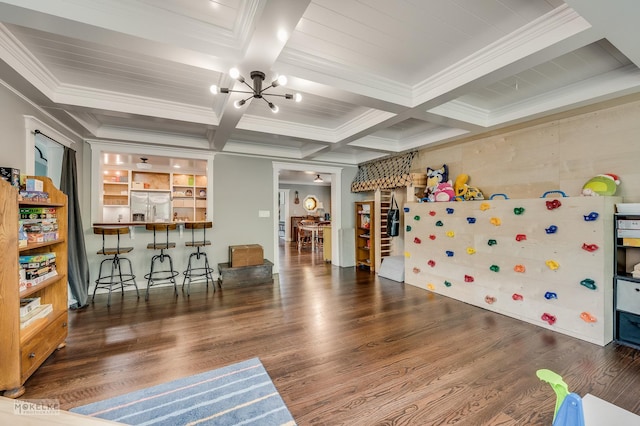 13 N Cannonball Trl, Bristol, IL 60512 - miscellaneous room featuring a chandelier, wood finished floors, beam ceiling, crown molding, and coffered ceiling