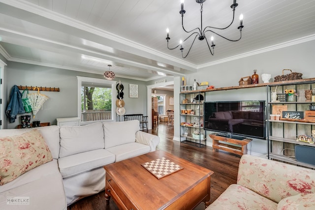 13 N Cannonball Trl, Bristol, IL 60512 - living area with dark wood-style floors, a chandelier, and crown molding
