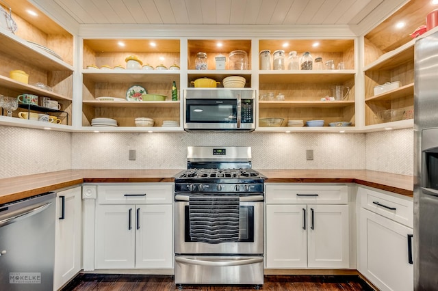 13 N Cannonball Trl, Bristol, IL 60512 - kitchen with wood counters, stainless steel appliances, open shelves, dark wood finished floors, and ornamental molding