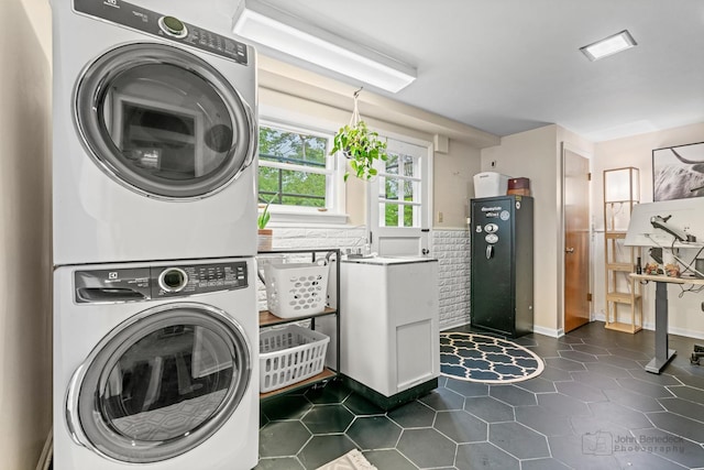 925 S Chestnut Ave, Arlington Heights, IL 60005 - laundry area with estacked washer and dryer and dark tile patterned floors
