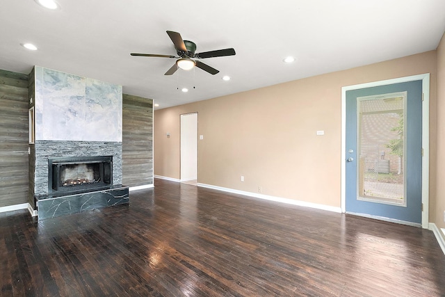 12237 S Avers Ave, Alsip, IL 60803 - unfurnished living room featuring ceiling fan, wood finished floors, a large fireplace, baseboards, and recessed lighting
