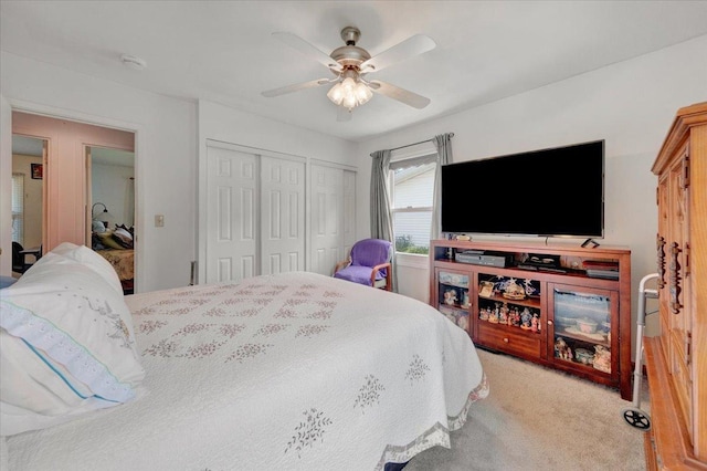 2511 Sangamon Dr, Champaign, IL 61821 - bedroom with light carpet, two closets, and ceiling fan