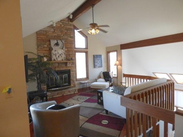 2 Tamarack Row, Galena, IL 61036 - living area with a ceiling fan, beamed ceiling, a fireplace, and high vaulted ceiling