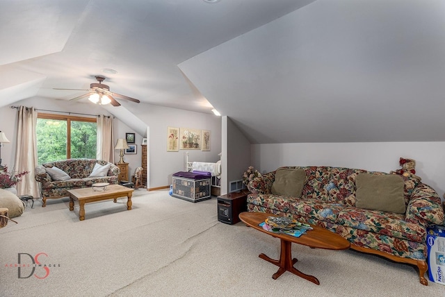 2598 N 2739th Rd, Marseilles, IL 61341 - living room featuring carpet floors, vaulted ceiling, and ceiling fan