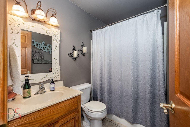 2598 N 2739th Rd, Marseilles, IL 61341 - bathroom featuring toilet, vanity, tile patterned flooring, and a shower with shower curtain