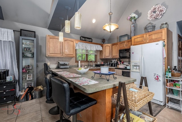 2598 N 2739th Rd, Marseilles, IL 61341 - kitchen with white refrigerator with ice dispenser, black microwave, light tile patterned floors, lofted ceiling, and a kitchen bar
