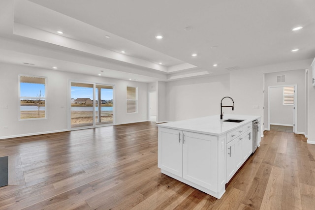 3245 Lincoln Prairie Blvd, Aurora, IL 60503 - kitchen with open floor plan, a raised ceiling, recessed lighting, a sink, and light wood-style flooring