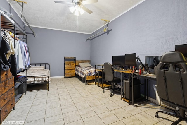 611 Palace St, Aurora, IL 60506 - office area featuring crown molding, ceiling fan, and tile patterned floors