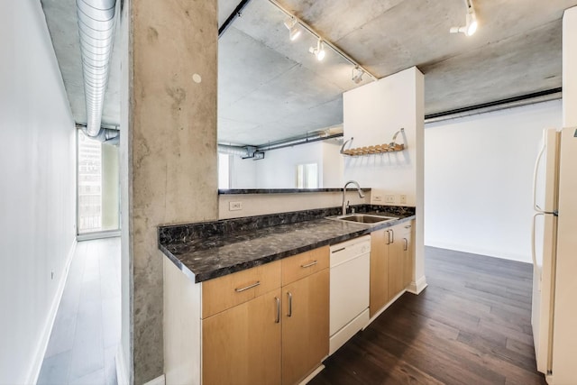 700 W Van Buren St Unit 1301, Chicago, IL 60607 - kitchen with white appliances, dark wood-style flooring, a sink, and dark stone countertops