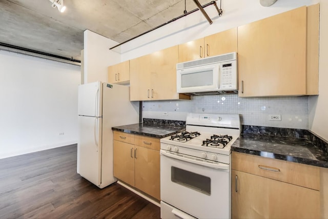 700 W Van Buren St Unit 1301, Chicago, IL 60607 - kitchen with white appliances, dark wood-style flooring, light brown cabinetry, decorative backsplash, and dark stone counters