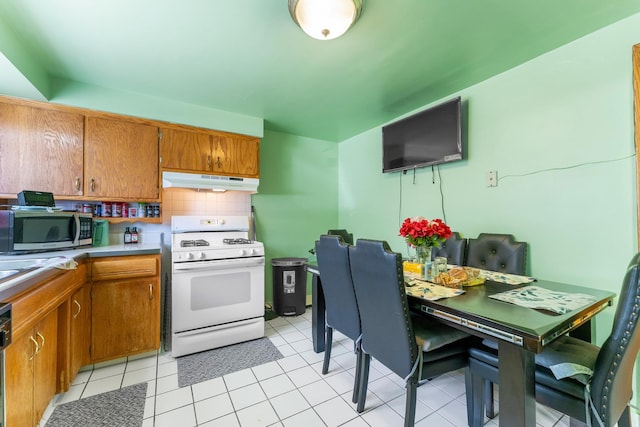 6850 Cermak Rd Unit Gb, Berwyn, IL 60402 - kitchen with stainless steel appliances, under cabinet range hood, brown cabinetry, light tile patterned floors, and light countertops