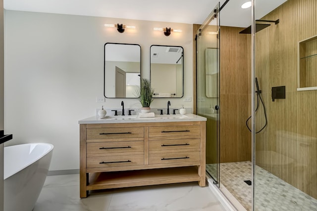 4468 Clausen Ave, Western Springs, IL 60558 - full bath featuring marble finish flooring, a stall shower, a freestanding bath, double vanity, and baseboards