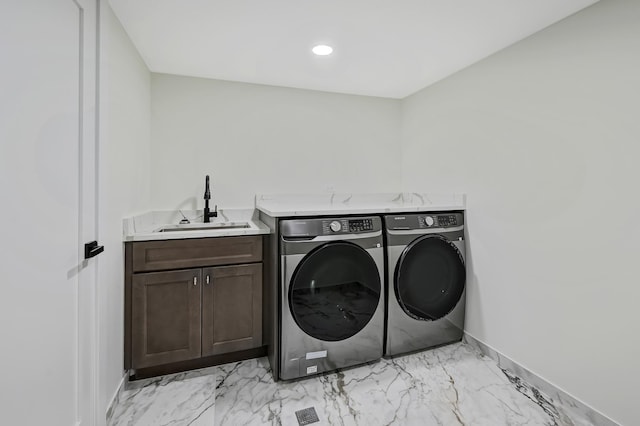 4468 Clausen Ave, Western Springs, IL 60558 - laundry room featuring washing machine and dryer, cabinet space, baseboards, light marble finish floors, and recessed lighting