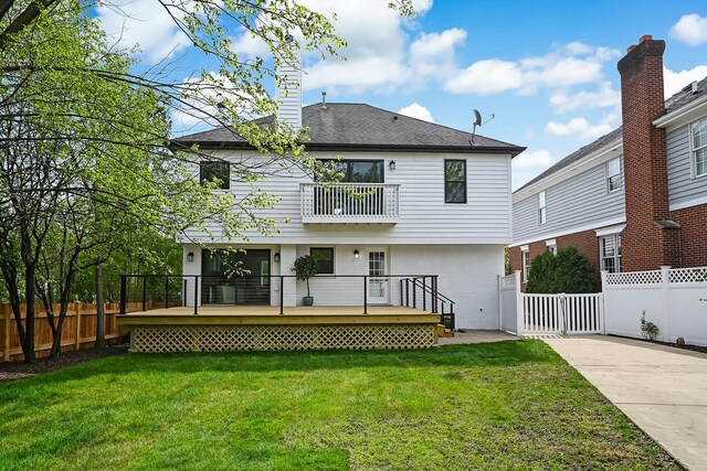 4468 Clausen Ave, Western Springs, IL 60558 - rear view of property featuring a balcony, a wooden deck, a chimney, and roof with shingles