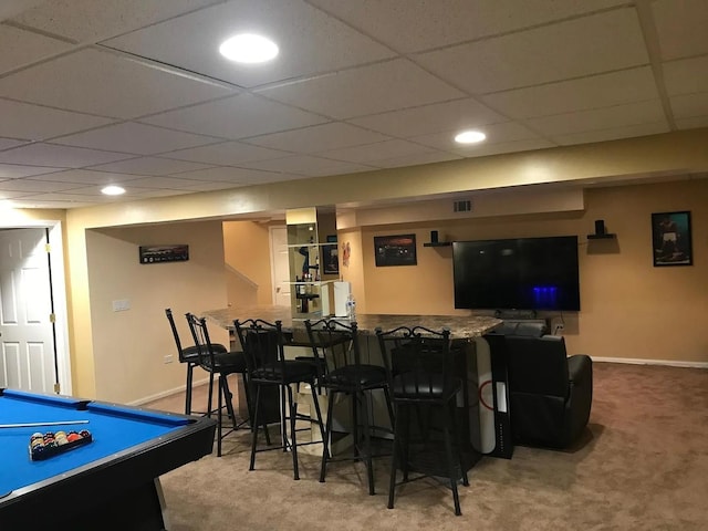 121 Chatsworth Cir, Schaumburg, IL 60194 - bar with carpet floors, baseboards, recessed lighting, pool table, and a drop ceiling