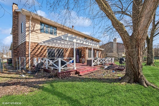 20832 Sparta Ln, Olympia Fields, IL 60461 - back of house featuring a pergola, a chimney, a lawn, a deck, and brick siding