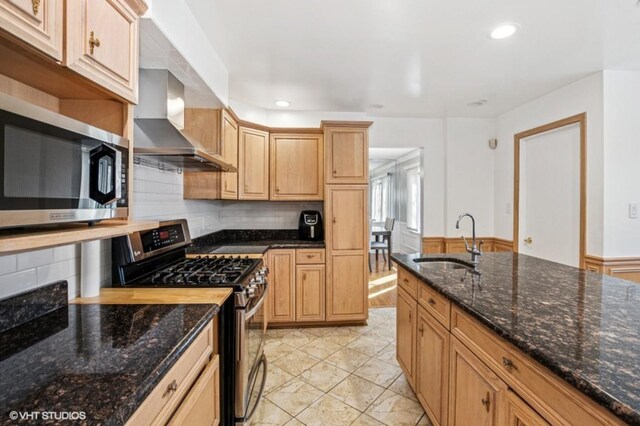 20832 Sparta Ln, Olympia Fields, IL 60461 - kitchen featuring appliances with stainless steel finishes, a sink, wall chimney exhaust hood, tasteful backsplash, and wainscoting