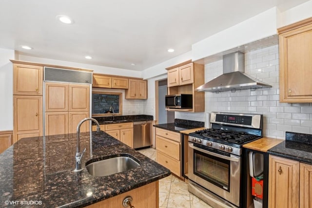 20832 Sparta Ln, Olympia Fields, IL 60461 - kitchen featuring appliances with stainless steel finishes, wall chimney range hood, a sink, light brown cabinetry, and recessed lighting