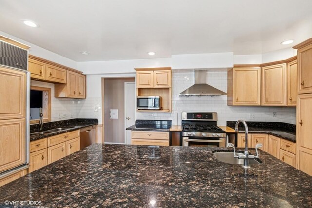 20832 Sparta Ln, Olympia Fields, IL 60461 - kitchen with wall chimney exhaust hood, appliances with stainless steel finishes, a sink, light brown cabinets, and tasteful backsplash