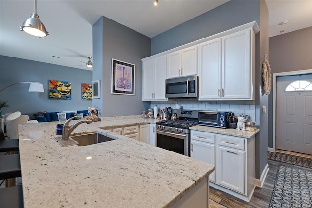3713 Grand Blvd Unit 10, Brookfield, IL 60513 - kitchen with appliances with stainless steel finishes, white cabinetry, light stone counters, wood finished floors, and backsplash