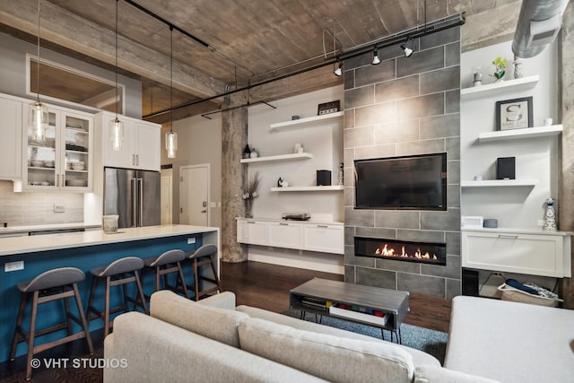 843 W Adams St Unit 310, Chicago, IL 60607 - living area featuring dark wood-style floors, rail lighting, and a fireplace