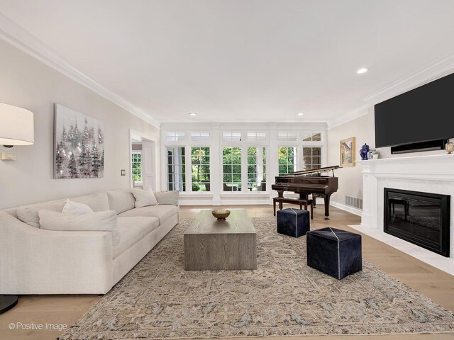 1360 Turvey Rd, Downers Grove, IL 60515 - living room with crown molding, wood finished floors, a fireplace with flush hearth, and recessed lighting