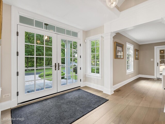 1360 Turvey Rd, Downers Grove, IL 60515 - doorway with hardwood / wood-style floors, french doors, crown molding, and ornate columns