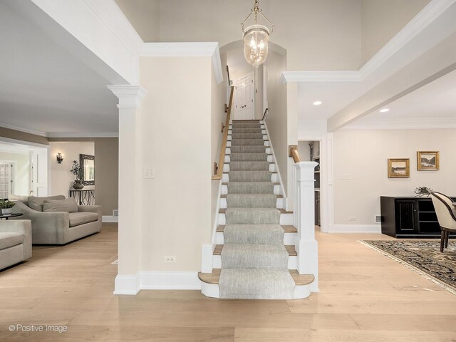 1360 Turvey Rd, Downers Grove, IL 60515 - staircase with wood finished floors, recessed lighting, and ornamental molding