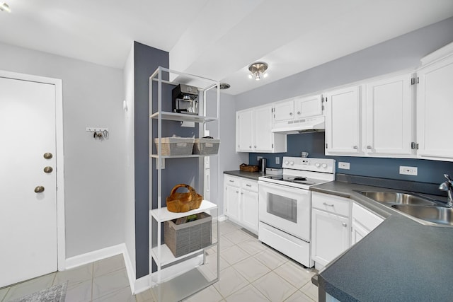 7830 W N Ave Unit 306, Elmwood Park, IL 60707 - kitchen with white electric range oven, a sink, under cabinet range hood, white cabinets, and dark countertops