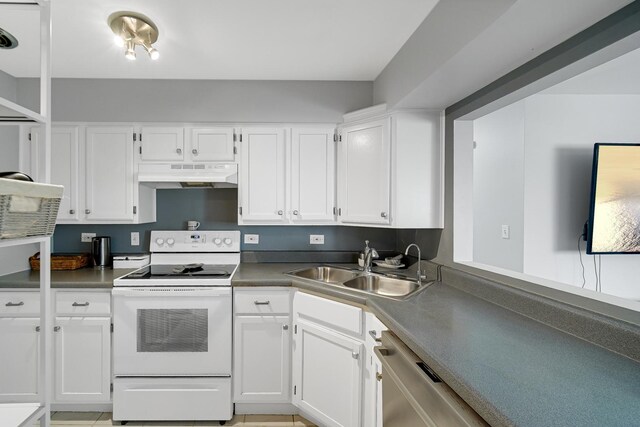 7830 W N Ave Unit 306, Elmwood Park, IL 60707 - kitchen featuring white electric stove, under cabinet range hood, a sink, and white cabinetry
