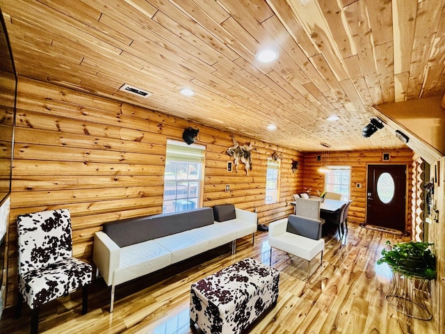 3515 Union Ave, Steger, IL 60475 - living area featuring rustic walls, wood ceiling, recessed lighting, and light wood-style floors
