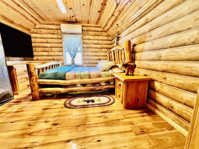 3515 Union Ave, Steger, IL 60475 - bedroom with wood ceiling, hardwood / wood-style floors, rustic walls, and a wall unit AC