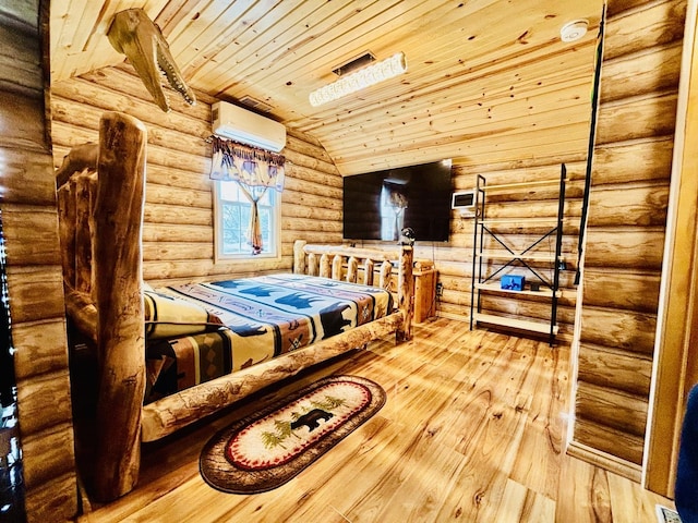 3515 Union Ave, Steger, IL 60475 - bedroom with a wall mounted air conditioner, hardwood / wood-style floors, vaulted ceiling, rustic walls, and wooden ceiling